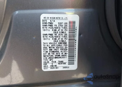 2014 Nissan Murano Sv from USA, damaged, VIN JN8AZ1MW6EW524311